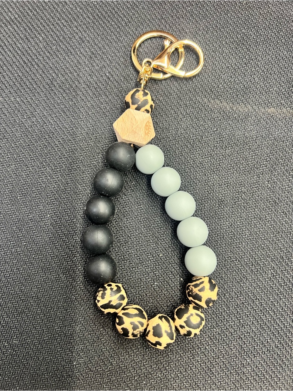 Handmade Beaded Wristlet Keychain with Leopard Accent - Black & Sage